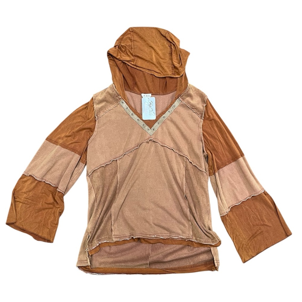 P O L Boutique Hooded Top Boho Hippie NWT Patchwork Hi-Lo Flowy